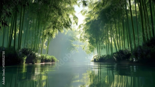 A serene bamboo forest with a calm river running through it