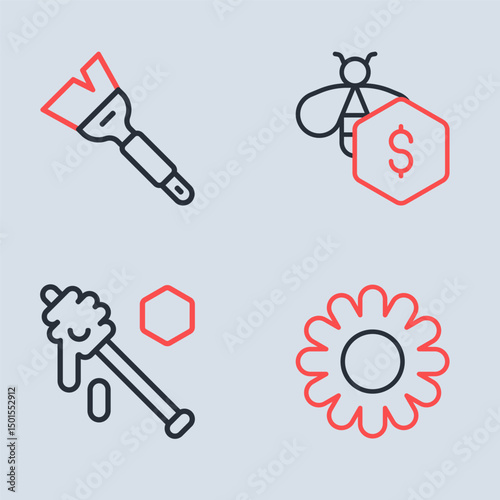 Set line Sale of bees, Honey dipper stick, Flower and Beekeeping brush icon. Vector