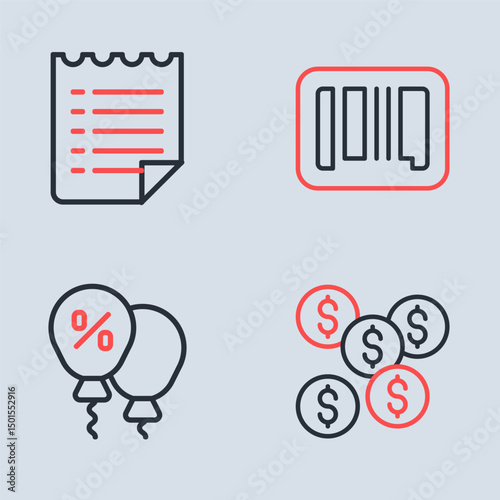 Set line Barcode, Discount percent tag, Dollar symbol and Wish list template icon. Vector