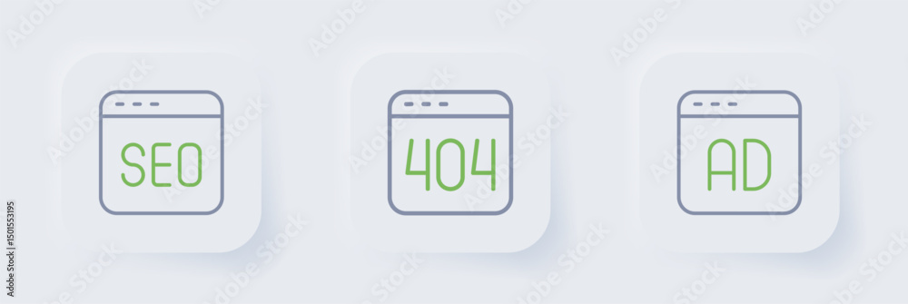 Set line Advertising, Page with a 404 error and SEO optimization icon. Vector Set line Advertising, Page with a 404 error and SEO optimization icon. Vector