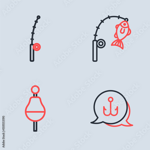Set line Fishing rod and fish, float, hook and icon. Vector