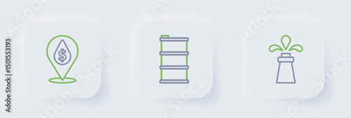 Set line Oil rig, Barrel oil and drop with dollar symbol icon. Vector
