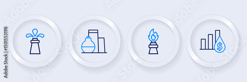 Set line Pie chart and dollar, Oil rig with fire, tank storage and icon. Vector