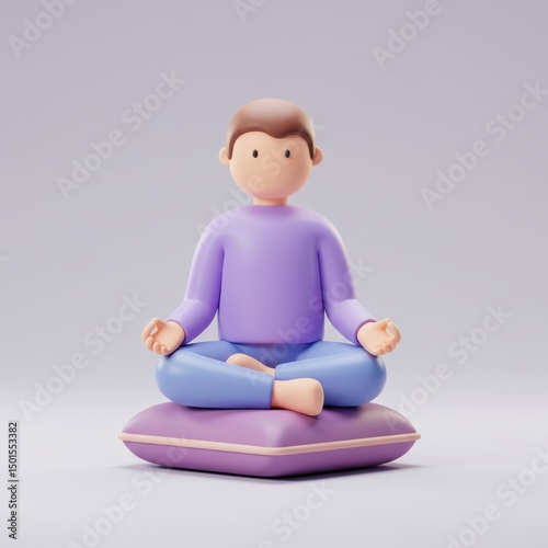 The cartoon figure sits peacefully in a lotus position, meditating for inner peace and mindfulness.
