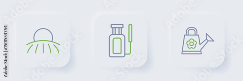 Set line Watering can, Garden sprayer for water and Sunrise icon. Vector