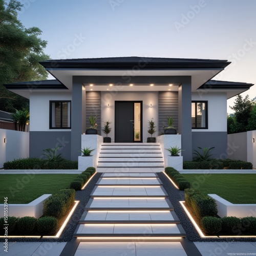 Modern house facade at dusk.  Exterior view, featuring a white and gray two-story home with a prominent entranceway.  Landscaped front yard with stepping stones and lighting