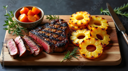 Grilled steak and pineapple on rustic cutting board with carrots perfect for steak recipe content and barbecue photography photo