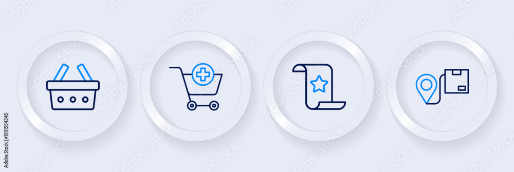 Set line Location with cardboard box, Paper check and financial check, Add to Shopping cart and basket icon. Vector Set line Location with cardboard box, Paper check and financial check, Add to Shopping cart and basket icon. Vector