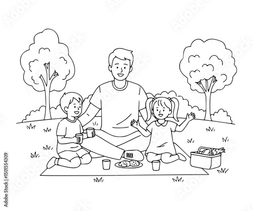 Family on picnic blanket. Widowed father play with kids at park. 