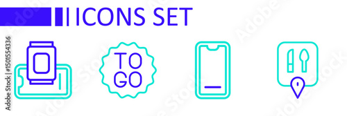 Set line Cafe and restaurant location, Food ordering mobile, Coffee cup to go and icon. Vector