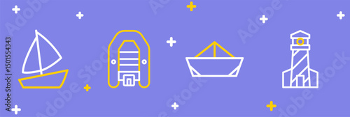 Set line Lighthouse, Folded paper boat, Inflatable with motor and Yacht sailboat icon. Vector