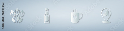 Set Flower tulip, Champagne bottle, Coffee cup and heart and Woman shoe. Paper art style. Vector