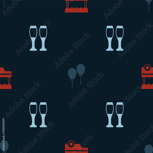 Set Fast street food cart, Balloons with ribbon and Bowling pin on seamless pattern. Vector