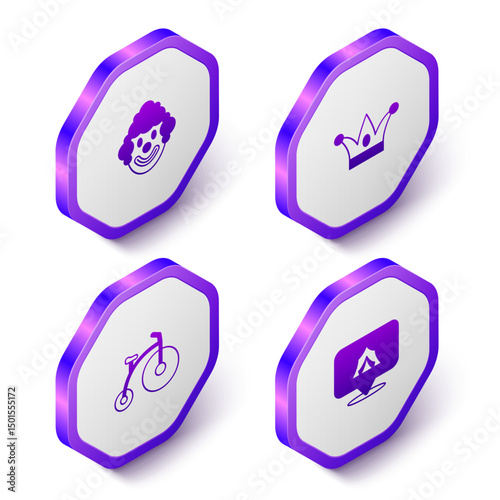 Set Isometric Clown head, Jester hat with bells, Vintage bicycle and Circus tent icon. Purple hexagon button. Vector