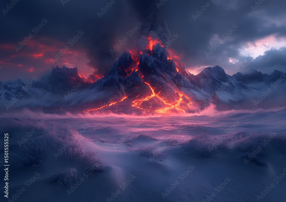 Fototapeta premium Volcanic eruption in snowy landscape