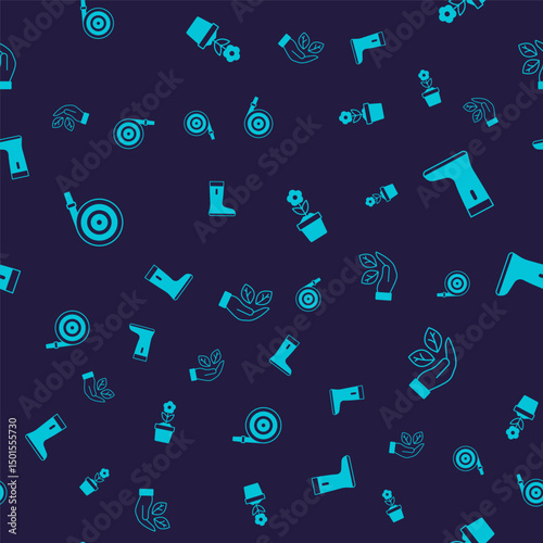 Set Garden hose, Waterproof rubber boot, Flower in pot and Leaf hand on seamless pattern. Vector