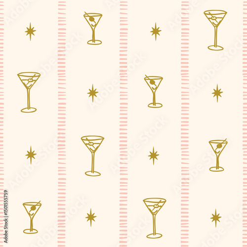 Seamless pattern with martini cocktail glasses and stars in vertical stripes. Hand drawn ink vector illustration. Background for social media, banners, invitation. Trendy coquette core template.   