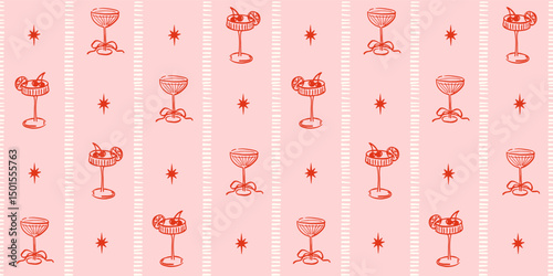 Seamless pattern with martini cocktail glasses and stars in vertical stripes. Hand drawn ink vector illustration. Background for social media, banners, invitation. Trendy coquette core template.   