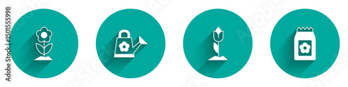 Set Flower, Watering can, tulip and Pack full of seeds icon with long shadow. Vector