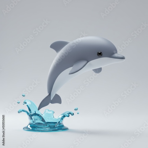 A cheerful cartoon dolphin leaps out of the water, creating a beautiful splash.