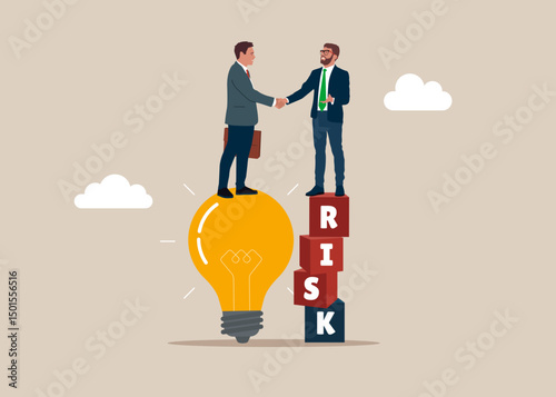 Businessman standing on question mark idea lamp shaking hands entrepreneur with cubic on stack with the word RISK. Risk management, control or assess to lose money in investing. Vector illustration