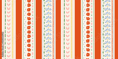 Seamless pattern with ink doodle abstract flowers and strokes in vertical stripes. Trendy cottage core background. Hand drawn vector illustration. Boho, beach, preppy wallpaper.