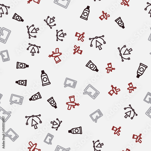 Set line Tube with paint palette, Bezier curve, Graphic tablet and Paint spray gun on seamless pattern. Vector