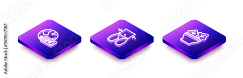 Set Isometric line GMO, Women waist and Salad in bowl icon. Vector