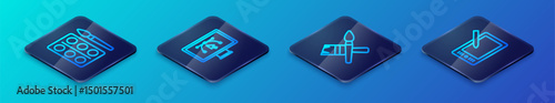 Set Isometric line Paint brush, Watercolor paints box, Graphic tablet and Computer with design program icon. Vector