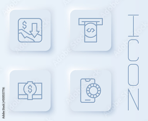 Set line Financial growth decrease, Automated teller machine and money, Stacks paper cash and Online sports betting. White square button. Vector