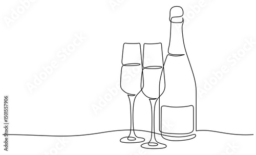 Two glasses of sparkling wine & wine bottle line drawing. Hand-drawn champagne celebration line art. Hand drawn vector illustration with editable stroke. Isolated on transparent background.
