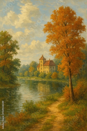 Tranquil autumn landscape painting. photo