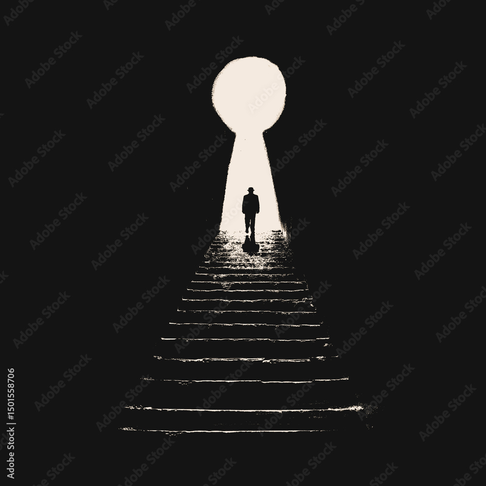Obraz premium Man Climbing Stairs Toward a Keyhole-Shaped Door of Light – Symbolic Illustration of Escape and Awakening
