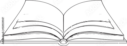 Sketch of an open book with a feather, isolated on a white background for reading and learning