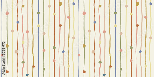 Seamless pattern with ink doodle abstract dots on vertical stripes. Trendy aesthetic geometric minimalistic background. Hand drawn vector illustration. Boho, beach, decorative coastal wallpaper.