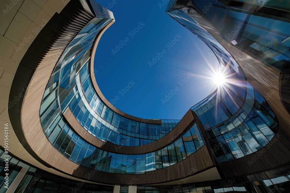 Obraz premium Contemporary glass building with curved design and reflective facade