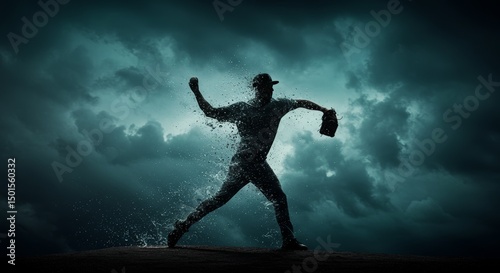 Wallpaper Mural Baseball Pitcher in Action with Water Disintegration Against Stormy Skies Torontodigital.ca