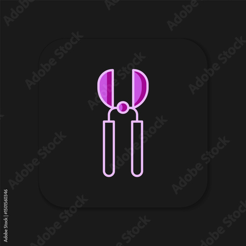 Filled outline Gardening handmade scissors for trimming icon isolated on black background. Pruning shears with wooden handles. Flat filled outline style with shadow. Vector