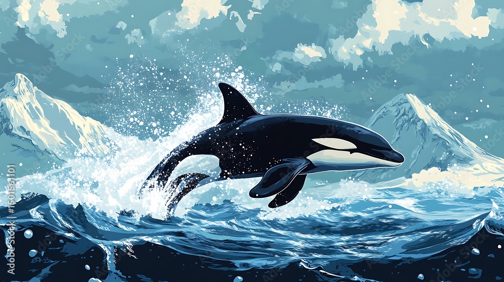 Obraz premium Orca leaping through a cool arctic ocean.