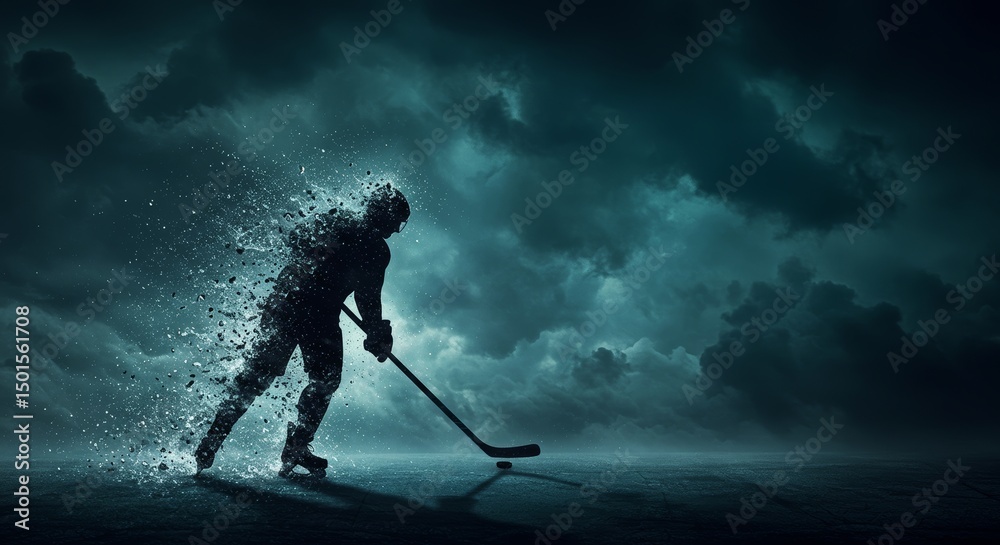 Fototapeta premium Dynamic hockey player disintegrating into water, against a stormy backdrop