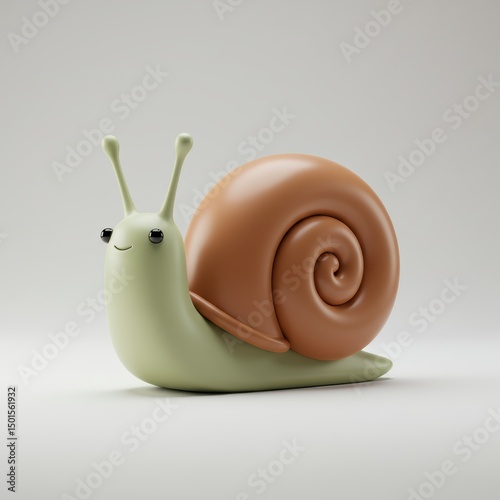 A cheerful, cartoon snail smiles, its 3d rendered form isolated against a clean, white backdrop.