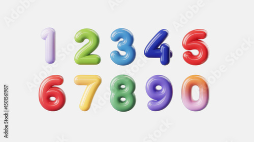 3D model of colorful numbers 1234567890 on white background, playful children's style, vibrant and fun design