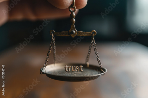 Closeup hand holding miniature scale with word trust, symbolizing balance, honesty, and justice in thoughtful atmosphere