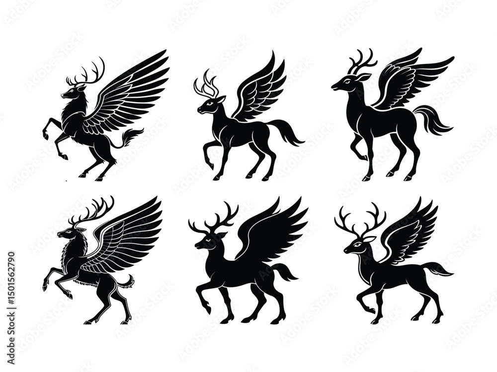 Set of Six Winged Deer Illustrations in Black Silhouette Style 