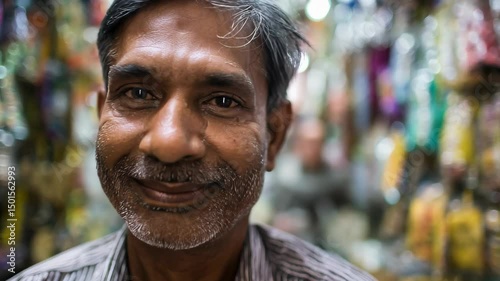 A portrait of a smiling Indian man in a shop. The store is filled with items displayed on shelves and hanging behind him.