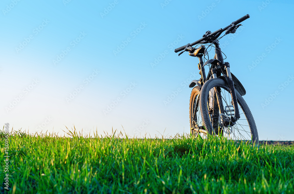 Fototapeta premium Sunlit bicycle on green field. Landscape with bicycle in spring. Outdoor recreation. Concept of cycling in nature. Copy space.