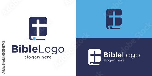 Creative simple bible logo template. Book and cross church symbol logo design vector illustration.