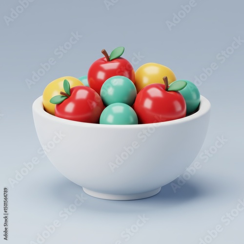 A beautifully designed bowl of vibrant red, yellow, and teal fruit sits in a minimalist setting.