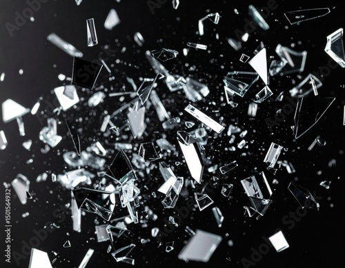 黒背景に飛び散る粉々になったガラス破片の背景