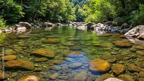 Wallpaper Mural Serene river landscape with clear water and smooth stones, surrounded by lush green trees and mountains Torontodigital.ca